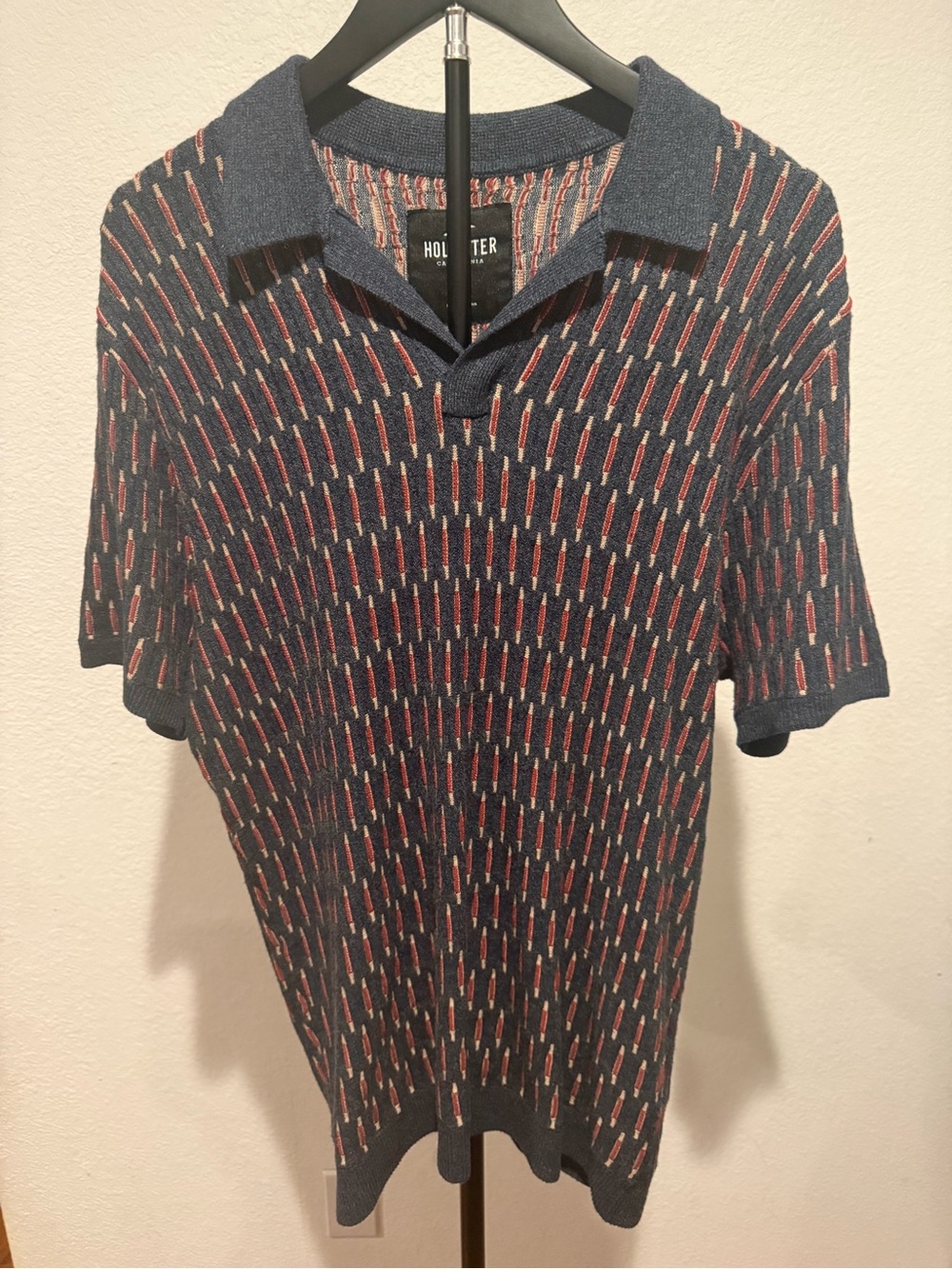 Hollister Blue Knit Polo with Red Accent Pattern